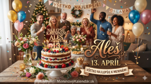 <img src="prianie-ales.jpg"
alt="Meninové prianie pre Aleša s dátumom 13. apríl. Na obrázku je bohatá ovocná torta na drevenom stole, v pozadí oslavujúca skupina ľudí, balóny a nápis Všetko najlepšie. V dolnej časti je odkaz MeninovýKalendár.sk."
width="1280"
height="720">