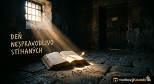 <img src="den-nespravodlivo-stihanych.jpg" 
     alt="Silná umelecká vizualizácia Svetla v cele: cez úzke zamrežované okno väzenskej kobky dopadá lúč svetla na Bibliu položenú na drsnej kamennej podlahe, pričom v prachu sa rysuje dátum 13. apríl, s nápisom Deň nespravodlivo stíhaných a logom meninovýKalendár.sk" 
     title="13. apríl – Deň nespravodlivo stíhaných">
