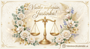 <img src="pohladnica-justinka.jpg"
alt="Elegantná digitálna pohľadnica pre Justínku v krémových a zlatých tónoch. Uprostred dominujú zdobené zlaté váhy spravodlivosti, ktoré sú obklopené bohatým aranžmánom bielych ruží, magnólií a eukalyptových listov so zlatými akcentmi. Nad váhami je kaligrafický nápis 'Všetko najlepšie, Justínka!'. Celú kompozíciu dopĺňajú jemné svetelné iskry a v pravom dolnom rohu logo MeninovýKalendár.sk.">