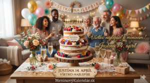 <img src="meninove-prianie-justina.jpg"
alt="Meninové prianie pre Justínu s dátumom 14. apríl. Na obrázku je dvojposchodová nahá torta zdobená lesným ovocím, v pozadí oslavujúca skupina priateľov s pohármi šampanského a nápis Všetko najlepšie. V spodnej časti je odkaz MeninovýKalendár.sk."
width="1280"
height="720">