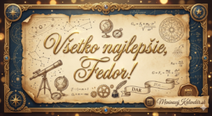 <img src="pohladnica-fedor.jpg" alt="Elegantná digitálna pohľadnica pre Fedora vo vintage štýle. Na starobylom pergamene dominuje zlatý kaligrafický nápis 'Všetko najlepšie, Fedor!'. Pozadie je bohato zdobené motívmi vedy a objavovania, ako sú ďalekohľad, glóbus, ozubené kolesá, hviezdne mapy a matematické vzorce. Obrázok je zasadený do zdobeného tmavomodrého rámu so zlatými detailmi a v pravom dolnom rohu obsahuje logo MeninovýKalendár.sk.">