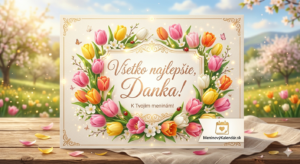 <img src="pohladnica_danka_meninovýkalendar.png" alt="Ozdobná blahoželacia pohľadnica pre Danku k meninám, zdobená bohatým vencom z farebných jarných tulipánov (ružové, oranžové, žlté, biele), bielych kvietkov a zlatých rámov. Uprostred je elegantným písmom napísané: 'Všetko najlepšie, Danka! K Tvojim meninám!'. Carda stojí na drevenom stole s rozptýlenými okvetnými lístkami a ľanovou obrusovou tkaninou v slnečnom jarnom ovocnom sade pod modrou oblohou. Súčasťou je logo webovej stránky MeninovýKalendár.sk s kalendárom a srdiečkom.">