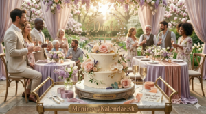 <img src="prianie-danka.jpg"
alt="Elegantná narodeninová torta pre Danku 16. Apríl, s kvetmi na zlatom vozíku v záhrade, obklopená oslavujúcimi ľuďmi a odkazom MeninovýKalendár.sk"
width="100%">