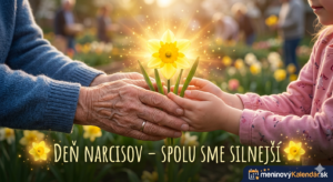 <img src="den-narcisov.jpg" 
     alt="Inšpiratívna vizualizácia Ruky nádeje: detailný záber na staršie vráskavé dlane a malé detské ruky, ktoré spoločne a jemne držia jeden rozkvitnutý žltý narcis. Z kvetu vyžaruje teplé zlatisté svetlo do okolia, v pozadí je rozmazaná jarná záhrada. Nápis Deň narcisov – Spolu sme silnejší a logo meninovýKalendár.sk" 
     title="Deň narcisov – Spolu sme silnejší">
