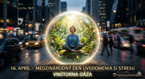 <img src="medzinarodny-den-uvedomenia-si-stresu.jpg"
alt="Upokojujúca vizualizácia Vnútornej oázy: uprostred chaotického a daždivého mesta (rozmazaný New York) sedí v meditácii postava. Je obklopená jasnou, pokojnou sklenenou bublinou plnou zelene a svetla, s nápisom 16. apríl – Medzinárodný deň uvedomenia si stresu, Vnútorna oáza a logom meninovýKalendár.sk"
title="16. apríl – Medzinárodný deň uvedomenia si stresu">