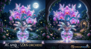 <img src="den-orchidei.jpg" 
     alt="Snová vizualizácia Kráľovnej orchideí: z krištáľovej vázy vyrastá majestátna fialová orchidea, ktorej okvetné lístky pripomínajú krídla motýľov a jemne svetielkujú. Scéna sa odohráva v nočnej záhrade pod jasným mesačným svitom, s nápisom 16. apríl – Deň orchideí a logom meninovýKalendár.sk" 
     title="16. apríl – Deň orchideí">
