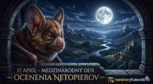 <img src="den-netopierov.jpg"
alt="Umelecká vizualizácia Strážcu noci: v popredí je detailná tvár netopiera s inteligentným výrazom a hnedou srsťou. Netopier sa pozerá z kamenného okna na nočnú krajinu s hradom, riekou a horami osvetlenými splnom mesiaca. Nápis 17. apríl – Medzinárodný deň ocenenia netopierov a logo meninovýKalendár.sk"
title="17. apríl – Medzinárodný deň ocenenia netopierov">
