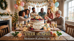 <img src="prianie-valer.jpg"
alt="Meninové prianie pre Valéra s dátumom 18. apríl. Na obrázku je slávnostne prestretý stôl s tortou zdobenou ovocím a kvetmi, poháre so šampanským a v pozadí oslavujúca skupina ľudí s balónmi. V dolnej časti je nápis MeninovýKalendár.sk."
width="1280"
height="720">