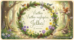 <img src="pohladnica-jelka.jpg" 
     alt="Ilustrovaná digitálna pohľadnica pre Jelku v jemnom lesnom štýle. Uprostred venca z ihličnatých konárov, šišiek a jarných kvetov (snežienky, krokusy, prvosienky) je nápis 'Všetko najlepšie, Jelka! K meninám'. Scéna je zasadená do presvetleného lesa a doplnená lesnými zvieratkami – veveričkou, ježkom, zajačikom a vtáčikmi (sýkorka, červienka). V pravom dolnom rohu je logo MeninovýKalendár.sk.">
