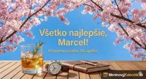 <img src="path/to/celebratory-greeting-card.jpg" alt="Vysoko kvalitná digitálna blahoželacia pohľadnica k meninám, zobrazená z nízkeho uhla. Pozadie tvorí jasnomodrá obloha lemovaná bohatými konármi ružových čerešňových kvetov. Na drevenom stole na terase v popredí stojí pohár jantárovej whisky s ľadom a vetvičkou rozmarínu, strieborné pánske hodinky s hnedým koženým remienkom a zatvorený hnedý kožený zápisník s perom. Veľký, moderný, zlatý bezpätkový text v strede znie: 'Všetko najlepšie, Marcel!'. Pod ním menší text znie: 'K tvojmu sviatku 20. apríla.'. Logo 'MeninovýKalendár.sk' sa nachádza v pravom dolnom rohu."> 