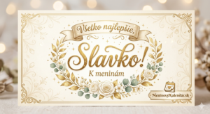 <img src="pohladnica-slavko.jpg" alt="Elegantná digitálna pohľadnica pre Slavka v krémových a zlatých tónoch. Uprostred venca z bielych ruží, zlatých listov a eukalyptu je nápis 'Všetko najlepšie, Slavko! K meninám'. Text je doplnený o zlatú stuhu a jemné trblietky. V pravom dolnom rohu sa nachádza logo MeninovýKalendár.sk.">