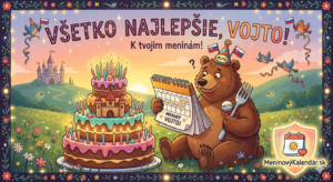 <img src="pohladnica-vojto.jpg" alt="Vtipná a farebná ilustrovaná pohľadnica pre Vojta k meninám. Hlavnou postavou je hnedý medveď v párty čiapke, ktorý s vidličkou v ruke nadšene hľadí do kalendára na svoje meno. Vedľa neho stojí obrovská trojposchodová torta v tvare hradu s množstvom sviečok. Scéna sa odohráva na rozkvitnutej lúke s hradom v pozadí a veselými vtáčikmi s vlajočkami. Horný nápis znie 'VŠETKO NAJLEPŠIE, VOJTO! K tvojim meninám!' a v pravom dolnom rohu je logo MeninovýKalendár.sk.">