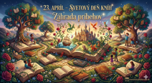<img src="svetovy-den-knihy.jpg" alt="Snová vizualizácia Záhrady príbehov: z otvorených historických kníh vyrastajú košaté stromy, rozprávkový hrad, lode na vlnách a fantastické bytosti ako draci a fénix. Medzi knihami sa prechádzajú deti a kvitnú bohaté červené ruže. Celá scéna pod hviezdnou oblohou dýcha magickou atmosférou. Nápis 23. apríl – Svetový deň kníh, Záhrada príbehov a logo meninovýKalendár.sk" title="23. apríl – Svetový deň kníh"> 