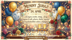 <img src="prianie-juraj.jpg"
alt="Slávnostný obrázok k meninám pre Juraja na 24. apríla so zlatými a modrými balónmi, šampanským v nádobe s ľadom a kvetinovou dekoráciou s odkazom MeninovýKalendár.sk"
width="1280"
height="720">