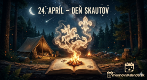 <img src="den-skautov-noc-v-tabore.jpg" alt="Magická vizualizácia Noci v tábore: v tmavom lese pod hviezdnou oblohou a polmesiacom stojí plátenný stan a spia dvaja skauti v spacákoch. V popredí je na pni položená otvorená skautská kniha 'Noc v tábore', z ktorej stúpa dym z táborového ohňa a mení sa na svietiacu siluetu svätého Juraja na koni bojujúceho s drakom a skautskú ľaliu. Nápis 24. apríl – Deň skautov a logo meninovýKalendár.sk" title="24. apríl – Deň skautov"> 