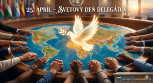 <img src="svetovy-den-delegatov.jpg" alt="Fascinujúca vizualizácia Stola priateľstva: okolo veľkého okrúhleho stola s mapou sveta sú položené ruky ľudí rôznych farieb pleti v gestách spolupráce a jednoty. Zo stredu stola stúpa žiarivá biela holubica mieru s olivovou ratolesťou, ktorá symbolizuje výsledok diplomatického úsilia. V pozadí je konferenčná sála s vlajkami a výhľadom na mesto pri západe slnka. Nápis 25. apríl – Svetový deň delegátov a logo meninovýKalendár.sk" title="25. apríl – Svetový deň delegátov">