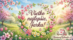 <img src="pohladnica-jarka.jpg" alt="Svieža jarná digitálna pohľadnica pre Jarku k meninám. V strede bohato zdobeného venca z jarných kvetov (ružové tulipány, snežienky, prvosienky a čerešňové kvety) sa nachádza elegantný nápis 'Všetko najlepšie, Jarka!'. Scéna je zasadená do slnečnej krajiny s rozkvitnutými ružovými stromami, kvetinovou lúkou a poletujúcimi motýľmi. V pravom dolnom rohu je umiestnené logo MeninovýKalendár.sk.">