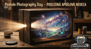 <img src="pinhole-photography-day.jpg" alt="Fascinujúca vizualizácia Vesmíru v krabici: stará drevená debnička slúžiaca ako camera obscura. Cez malú dierku v boku preniká lúč svetla, ktorý sa vnútri krabice premieňa na snovú galaktickú krajinu s hviezdami, planétami a svetelnými dráhami. V popredí na stole sú rozložené fotografické pomôcky ako objektív a kinofilm. Nápis Pinhole Photography Day – Posledná aprílová nedeľa a logo meninovýKalendár.sk" title="Pinhole Photography Day">