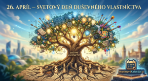 <img src="svetovy-den-dusevneho-vlastnictva.jpg" alt="Metaforická vizualizácia Stromu nápadov: košatý strom vyrastá z koreňov tvorených právnymi dokumentmi, paragrafmi a nápismi ako 'Autorské právo' či 'Patent'. V korune stromu namiesto listov žiaria žiarovky, umelecké štetce, hudobné nástroje a technické nákresy, čo symbolizuje ochranu kreativity a inovácií. Nápis 26. apríl – Svetový deň duševného vlastníctva a logo meninovýKalendár.sk" title="26. apríl – Svetový deň duševného vlastníctva"> 