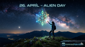 <img src="alien-day-prvy-kontakt.jpg" alt="Fascinujúca vizualizácia Prvého kontaktu: silueta postavy na vrchole hory sa prstom dotýka žiariaceho, komplexného geometrického objektu, ktorý zostupuje z hviezdnej oblohy. V pozadí je jasne viditeľná Mliečna dráha, polmesiac a siluety hôr pod nočnou oblohou. Žiariaci objekt pripomína vyspelú mimozemskú technológiu. Nápis 26. apríl – Alien Day a logo meninovýKalendár.sk" title="26. apríl – Alien Day">