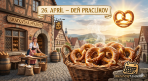 <img src="den-praclikov-vizualizacia.jpg" alt="Lákavá vizualizácia Praclíkového kráľovstva: v popredí je prútený košík plný čerstvých, zlatistých bavorských praclíkov posypaných soľou, z ktorých stúpa voňavá para. V pozadí sa nachádza historické námestie s 'Kráľovskou pekárňou' a usmievavou pekárkou v dobovom oblečení. Na oblohe svieti slnko v unikátnom tvare veľkého žiarivého praclíka. Nápis 26. apríl – Deň praclíkov a logo meninovýKalendár.sk" title="26. apríl – Deň praclíkov">