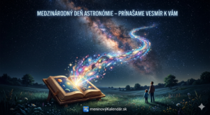 <img src="cesta_k_obrazku.jpg" alt="Snová vizualizácia s nočnou lúkou, na ktorej dospelý a dieťa hľadia na otvorenú knihu na stojane. Z knihy vychádza žiariaci, farebný prúd hviezd a hmlovín, ktorý sa spája s mliečnou dráhou na oblohe. Hore je text: Medzinárodný deň astronómie – Prinášame vesmír k vám, dole je logo a nápis meninovyKalendár.sk">