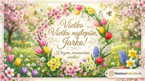 <img src="pohladnica-jarko-jarka.jpg" alt="Nádherná jarná digitálna pohľadnica k meninám pre Jarka. Uprostred bohatého venca z pestrofarebných jarných kvetov (tulipány, narcisy, prvosienky, hyacinty a čerešňové kvety) je elegantný nápis 'Všetko najlepšie, Jarko! K tvojmu meninovému sviatku!'. Celá scéna je zasadená do slnečného rozkvitnutého sadu s poletujúcimi motýľmi a vtáčikmi. V pravom dolnom rohu je logo MeninovýKalendár.sk.">