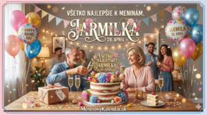 <img src="meninove-prianie-jarmilka.jpg" alt="Slávnostné prianie k meninám pre Jarmilku (28. apríl) s narodeninovou tortou, farebnými balónmi a gratulujúcimi ľuďmi v pozadí, s odkazom MeninovýKalendár.sk" width="1280" height="720">