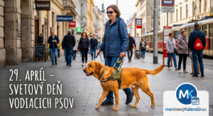 <img src="cesta-k-vasmu-obrazku.jpg" alt="Realistický záber: zlatistý labradorský retríver v pracovnom postroji s nápisom 'Tím snov' hrdo vedie svoju majiteľku po rušnej mestskej ulici. Text: 29. APRÍL – SVETOVÝ DEŇ VODIACICH PSOV, logo meninovyKalendar.sk" title="Svetový deň vodiacich psov"> 