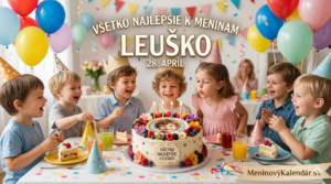 <img src="meninove-prianie-leusko.jpg" alt="Detská meninová oslava pre Leuška (28. apríl) s tortou, farebnými balónmi a skupinou detí v oslávnych čiapkach, s odkazom MeninovýKalendár.sk" width="1280" height="720"> 