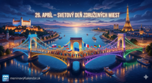 <img src="cesta-k-obrazku.jpg" alt="Fascinujúca vizualizácia 'Mesta mostov'. Zo siluet Bratislavského hradu a Eifelovej veže vyrastajú žiariace, farebné mosty, ktoré sa spájajú v strede nad morom. Na mostoch stoja ľudia a držia vlajky. Text: 26. apríl – Svetový deň združených miest. Logo: meninovýKalendár.sk">