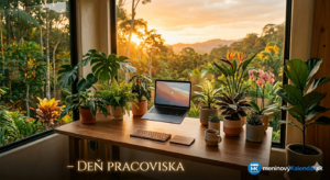 <img src="cesta-k-obrazku.jpg" alt="Fascinujúca a upokojujúca vizualizácia 'Pracoviska budúcnosti'. Na modernom drevenom stole s levitujúcim notebookom je množstvo exotických rastlín. Cez veľké okno preniká hrejivé zapadajúce slnko. Text: 28. apríl – Deň pracoviska. Logo: meninovýKalendár.sk"> 