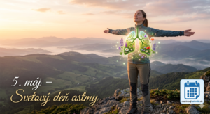 <img src="cesta-k-vasmu-obrazku.jpg" alt="Mladá žena stojí na horskom štíte pri východe slnka s rozpaženými rukami a zavretými očami, zhlboka sa nadychuje. Nad jej hrudníkom je zobrazená vizualizácia zdravých pľúc vytvorených zo zelených rastlín a farebných kvetov, čo symbolizuje voľné dýchanie. V pozadí sú vrstvy hôr a ranná hmla. Vľavo dole je ozdobný nápis: '5. máj – Svetový deň astmy'. Vpravo dole je logo s ikonou modrého kalendára a textom 'meninovýKalendár.sk'.">
