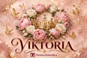 <img src="obrazky/viktoria-pohladnica.jpg" alt="Luxusná narodeninová pohľadnica pre Viktóriu s jemným rose gold mramorovým pozadím, zlatou kráľovskou korunkou na venci z ružových pivoniek a bielych ruží, ozdobená zlatými motýľmi a elegantným vínovočerveným nápisom VIKTÓRIA so zlatým tieňovaním a logom MeninovýKalendár.sk.">