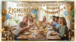 <img src="meninove-prianie-zigmund.jpg"
alt="Elegantné meninové blahoželanie pre Žigmunda (2. máj) so slávnostne prestretým stolom, tortou a skupinou priateľov pri prípitku, s odkazom MeninovýKalendár.sk"
width="1280"
height="720">