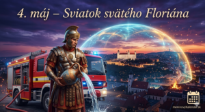 <img src="svaty_florian_patron_hasicov.jpg" alt="Svätý Florián v historickej rímskej zbroji vyleva vodu z krčaha na horiace mesto pod ochranným magickým poľom. Za ním stojí moderné červené hasičské auto. V pozadí je mesto s dominantou hradu (Bratislavský hrad) pri západe slnka. V hornej časti je nápis: 4. máj – Sviatok svätého Floriána. Vpravo dole je logo meninovýKalendár.sk."> 