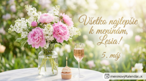 <img src="watermarked_img_7409972713161554103.png"
alt="Elegantné meninové blahoželanie pre Lesiu na 5. mája s kyticou pivoniek, pohárom sektu a logom meninovýKalendár.sk"
title="Meniny Lesia - 5. máj">