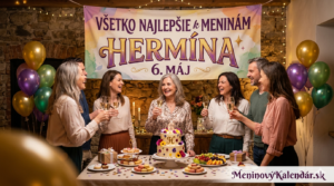 <img src="meniny_hermina_oslava.jpg" alt="Veselá meninová oslava pre Hermínu (6. máj) s tortou, priateľmi a balónmi" width="1280" height="720">