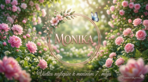 <img src="watermarked_img_18317571333657277006.png"
alt="Elegantná meninová pohľadnica pre Moniku: Zlatý kruhový rám s menom Monika v odtieni rose gold, zdobený modrým motýľom. Pozadie tvorí rozkvitnutá záhrada s ružovými pivonkami a nápis Všetko najlepšie k meninám 7. mája."
style="width: 100%; height: auto;">