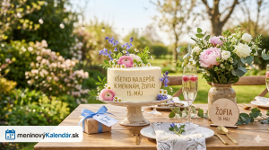 <img src="watermarked_img_17159988009244694261.png" alt="Štýlové meninové blahoželanie pre Žofiu na 15. mája s kvetinovou tortou, darčekom a logom meninovýKalendár.sk" title="Meniny Žofia - 15. máj">